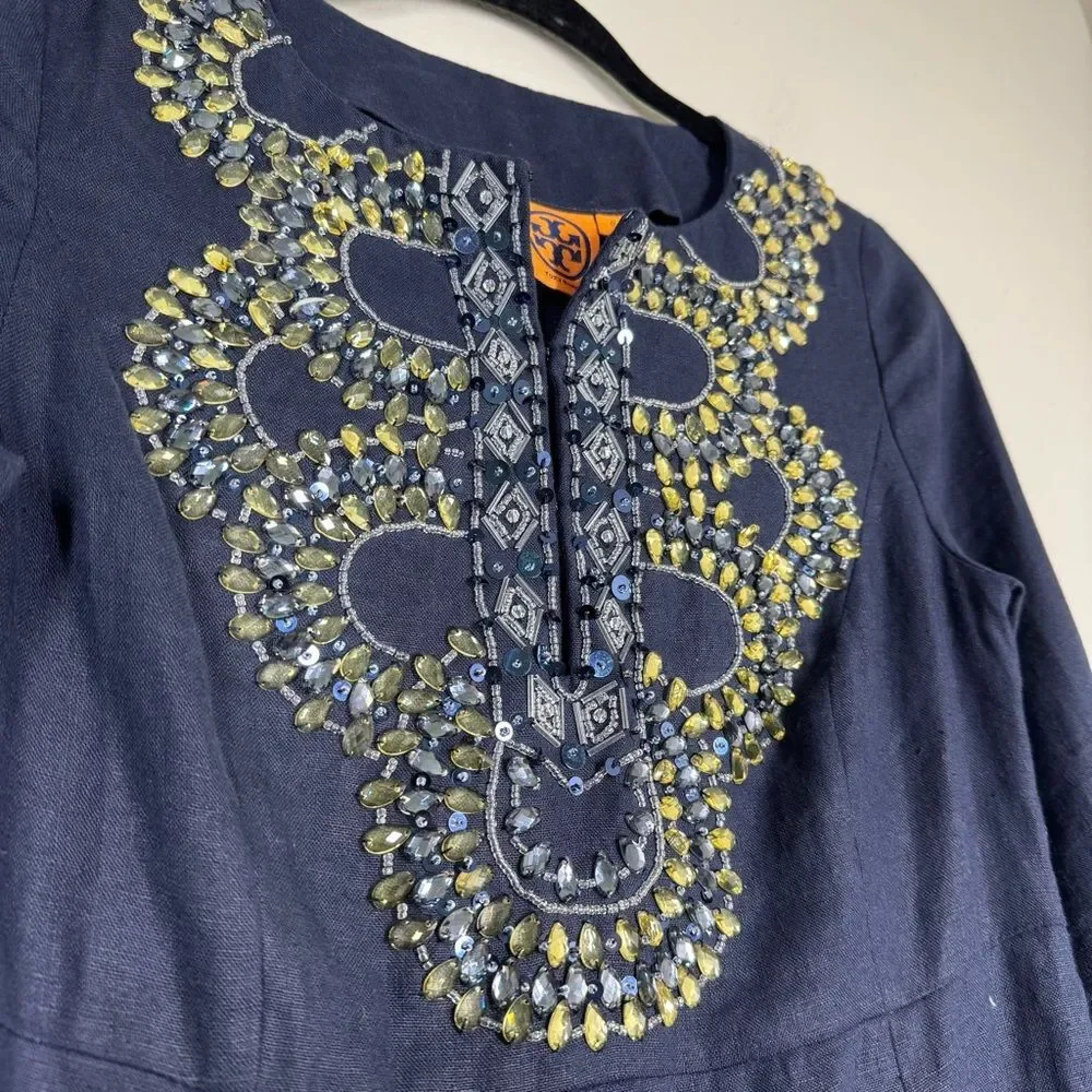 Tory Burch Navy Blue Beaded Linen Dress Embellished Vacation Women’s Size 0